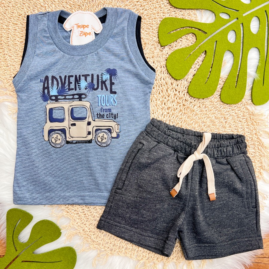  Conj. Regata Adventure e Bermuda em Moletinho - Azul Jeans e Chumbo